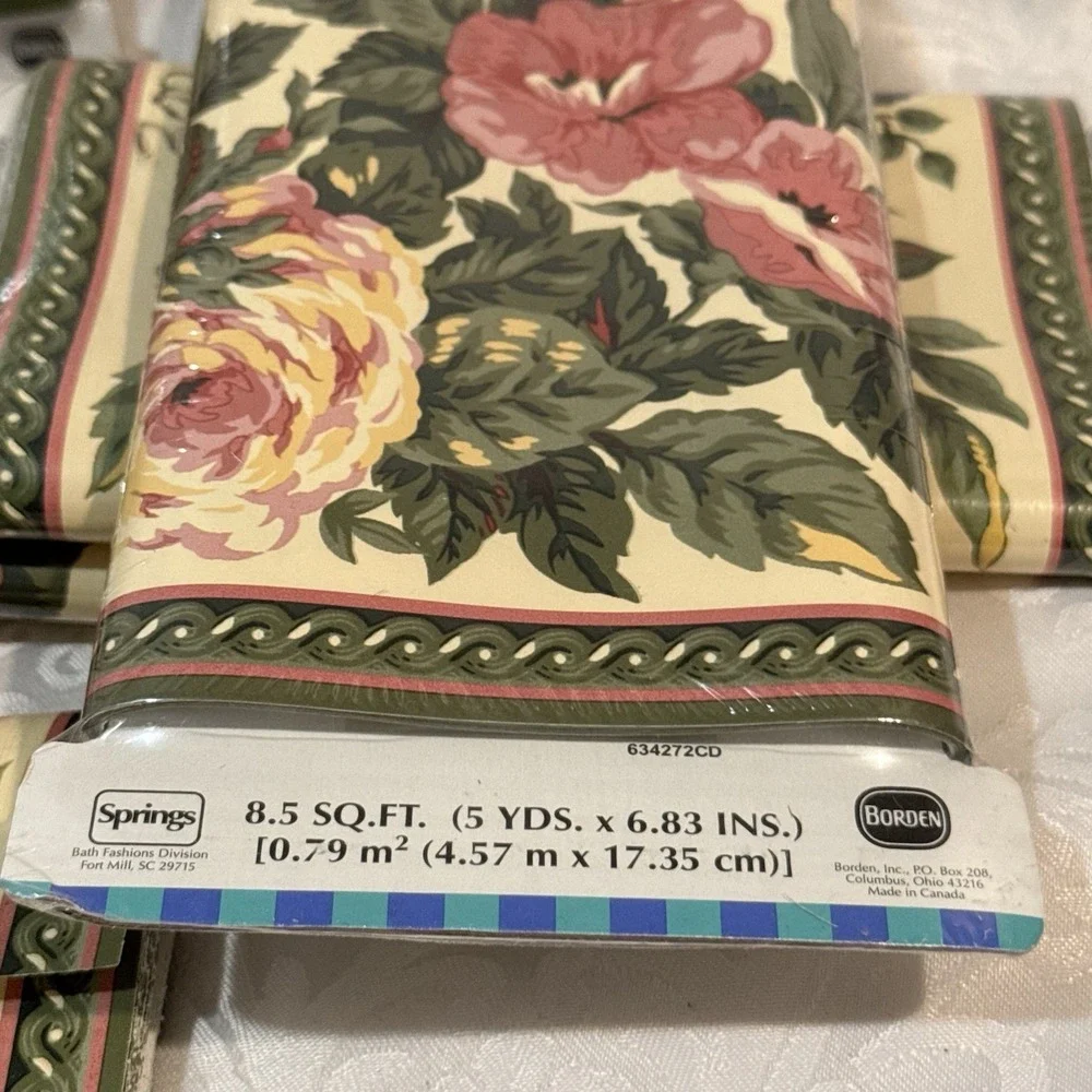 Lot 6 Pink Yellow Roses 634272CD  Prepasted Wallpaper Borden Border New 5 Yards